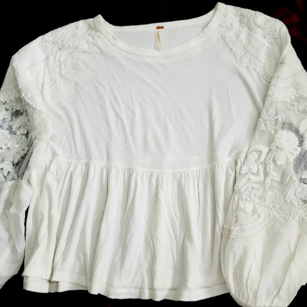 Free People Women Boho Blouse 100% Cotton Embroidered Puff Mesh Peplum Small/Med